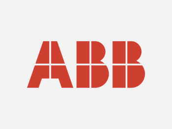 Logo ABB in Farbe auf grauem Hintergrund