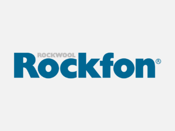 Logo Rockwool Rockfon in Farbe auf grauem Hintergrund