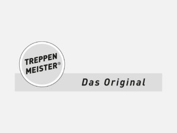 Logo Treppenmeister in Farbe auf grauem Hintergrund